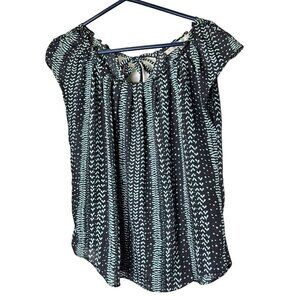 Lauren Conrad Bow Tie Keyhole Tie Short Sleeve Dark‎ Grey ish Black Teal Top M